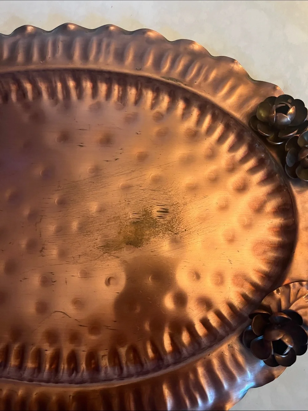 Vintage Gregorian Copper Tray platter with copper roses twisted handles #907